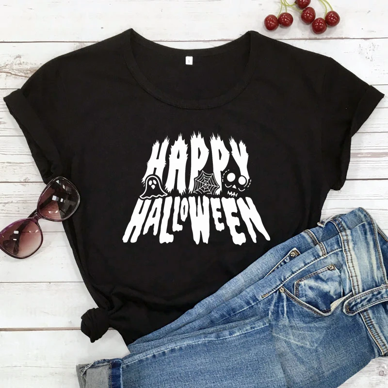 

Cute Women Graphic Skeleton Top Tee Shirt Happy Halloween Fall T-shirt Funny Unisex Short Sleeve Holiday Party Gift Tshirt