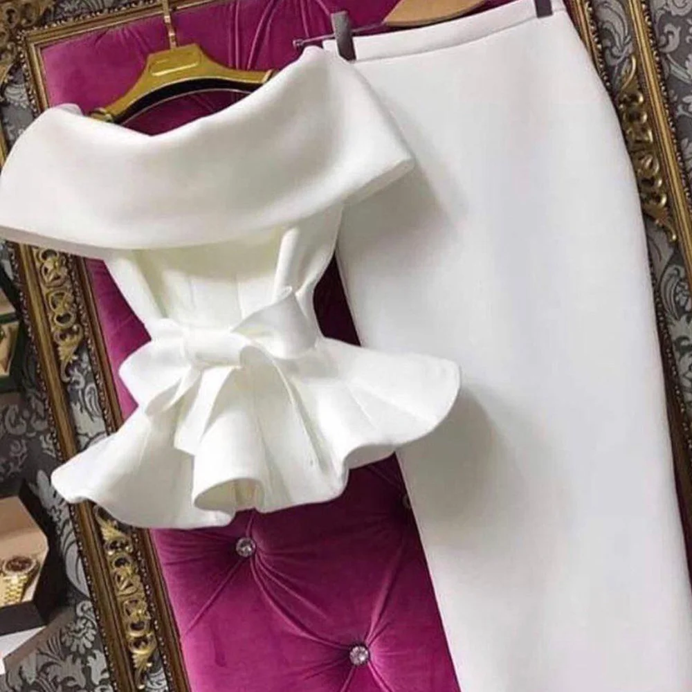 

Elegant Women Sets Tracksuits African White Party Club Dinner Tops+ Midi Skirts Ruffles Sexy 2020 2 Pieces Suits Sets Plain