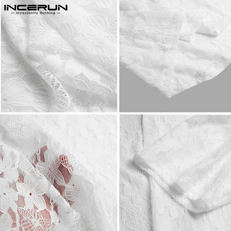 

Mens Mesh Floral Camisa Loose Half Sleeve Lapel Blusa INCERUN Fashion Lace Shirts See Through Buttons Transparent Chemise S-5XL7