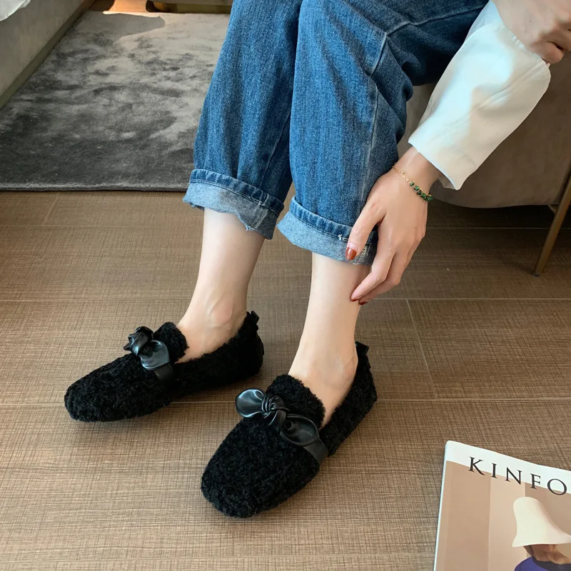 

Loafers Fur Casual Woman Shoe Bow-Knot Clogs Platform Female Footwear Square Toe Modis Winter Butterfly Creepers Moccasin New Dr