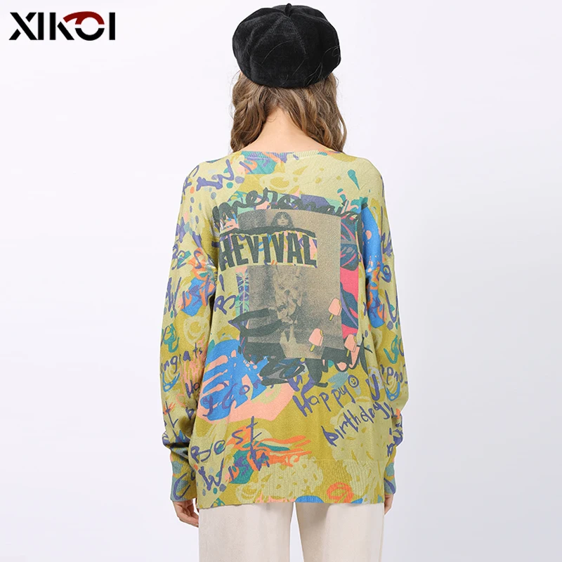Осенне-зимний свободный свитер XIKOI с принтом Женский пуловер теплые свитера