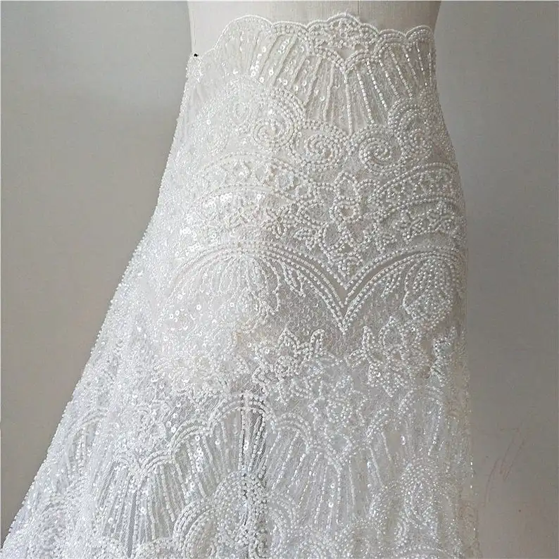 Скидка Белый супер тяжелый полный бисером блёстки вышивка кружевной ткани по