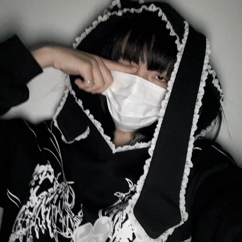 Y2k Harajuku Sweatshirts Gothic Grunge Mechanical Rabbit Ears Hooded Black Hoodie Women Autumn Punk Hoodies Fashion Streetwear | Женская