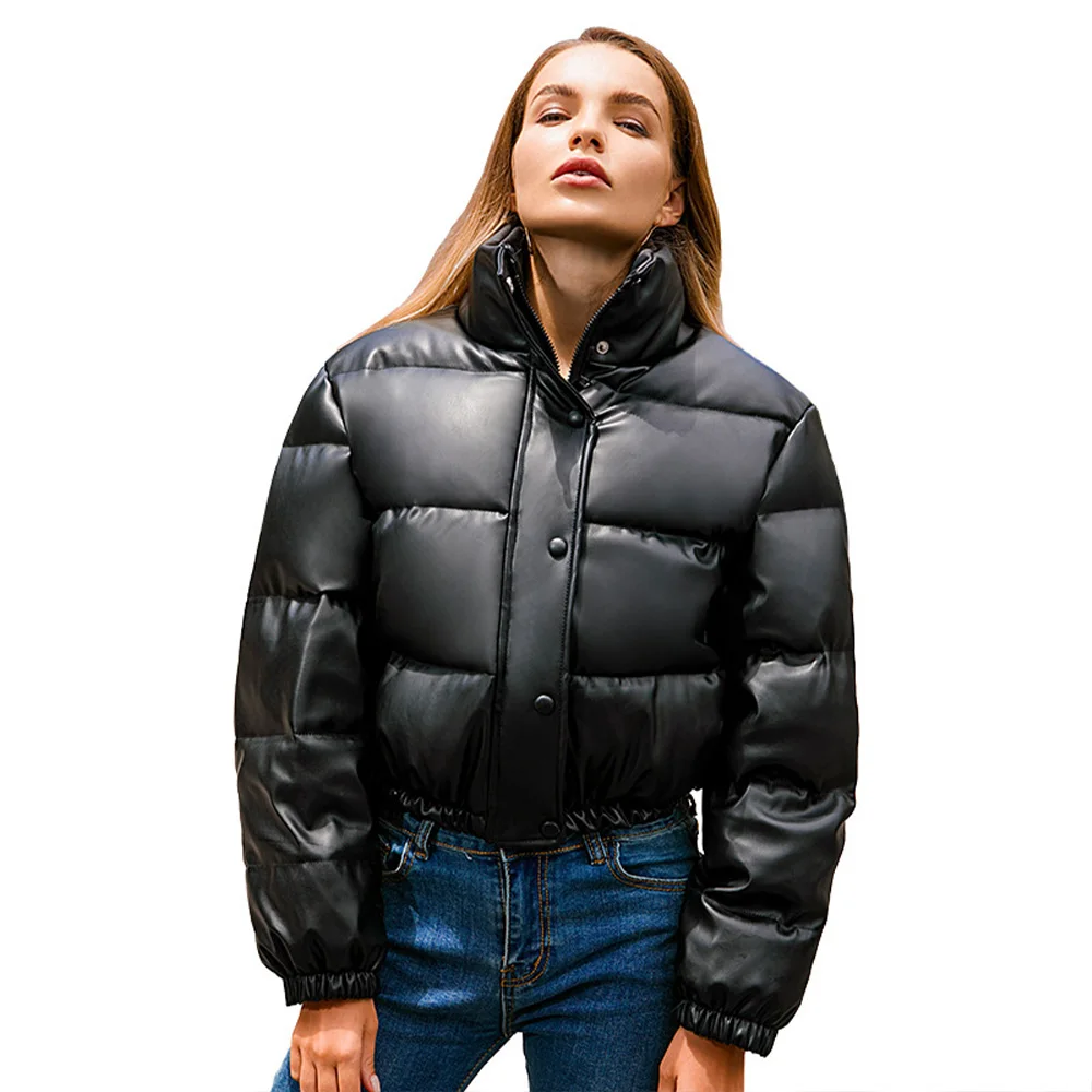 Winter Warm Women Parka Coat PU Leather Elegant Short Coat Section  Street Fashion Cotton Jacket Stand Collar Down Jacket