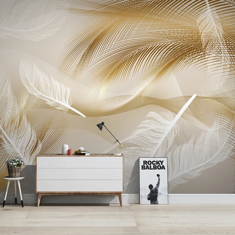 Фото Пользовательские фото обои с перьями 3D золотые линии роспись Гостиная ТВ диван
