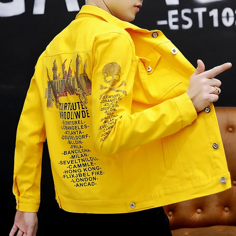 

Мужская джинсовая куртка, одежда 2021, Студенческая куртка в Корейском стиле, джинсовая куртка красного и желтого цвета, мужская одежда в готи...