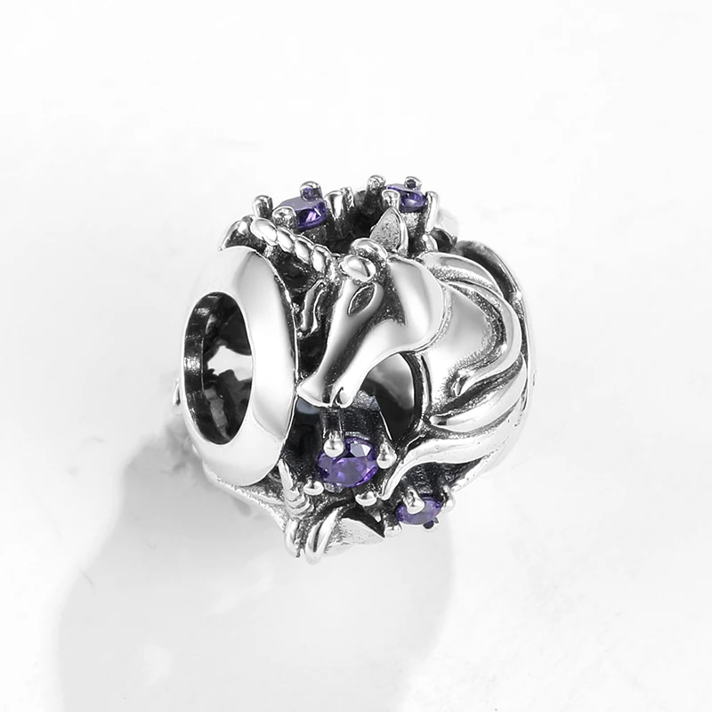 Настоящее 925 пробы серебро смелая мудрость Единорог бусины амулеты фиолетовый