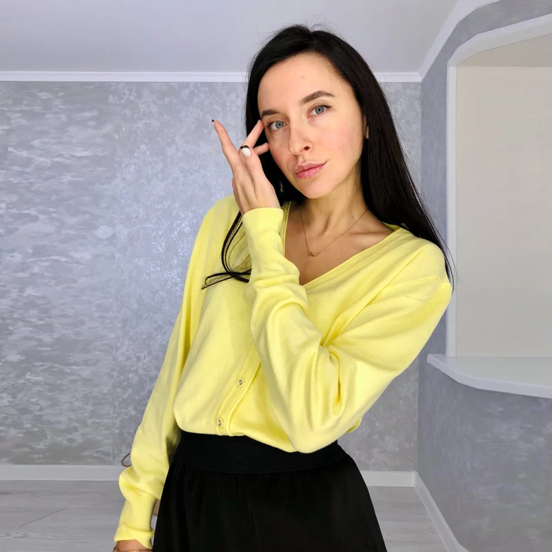 

Light Yellow Cardigan Coat Women's Spring Autumn Casual V Neck Single Breasted Knitted Sweater Ladies Long Sleeve Loose Outwear