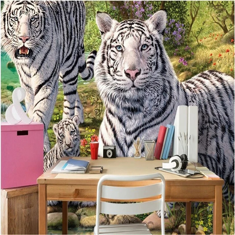 Custom photo 3d Self Adhesive wallpaper Non-woven Green forest white tiger living room background decoration painting murals |