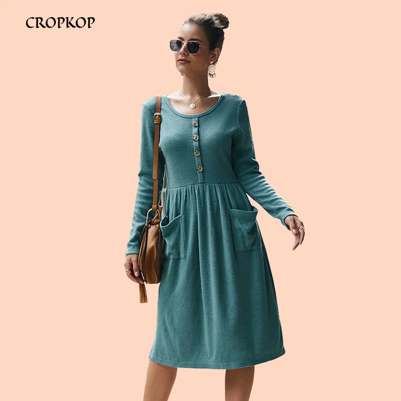 Осеннее трикотажное платье женское повседневное с длинным рукавом а-силуэта