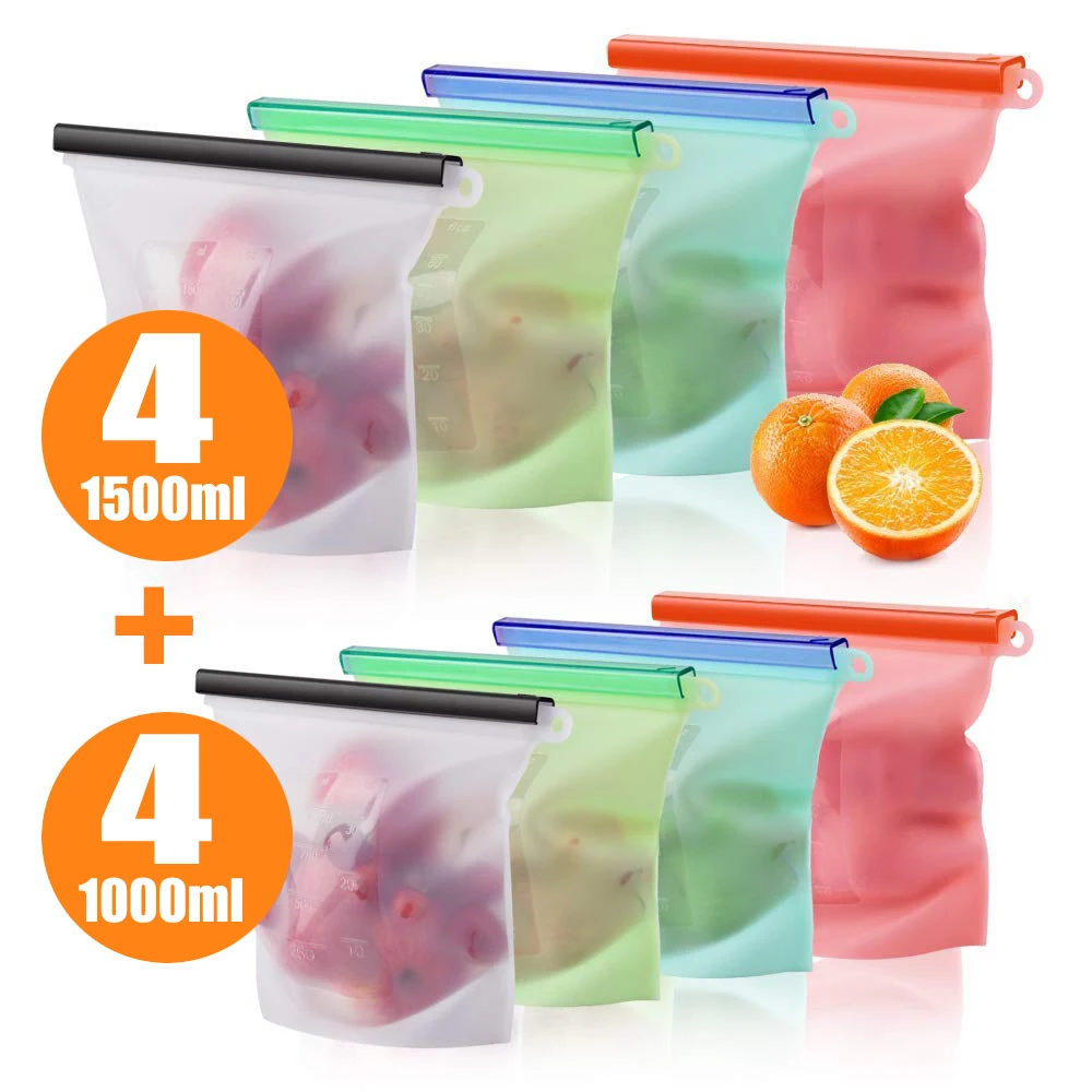 

Reusable Silicone Food Storage Bag 1000ml 1500ml Kitchen Silicone Storage Bag Eco Ziplock Seal Freezer Bag Fresh Bags