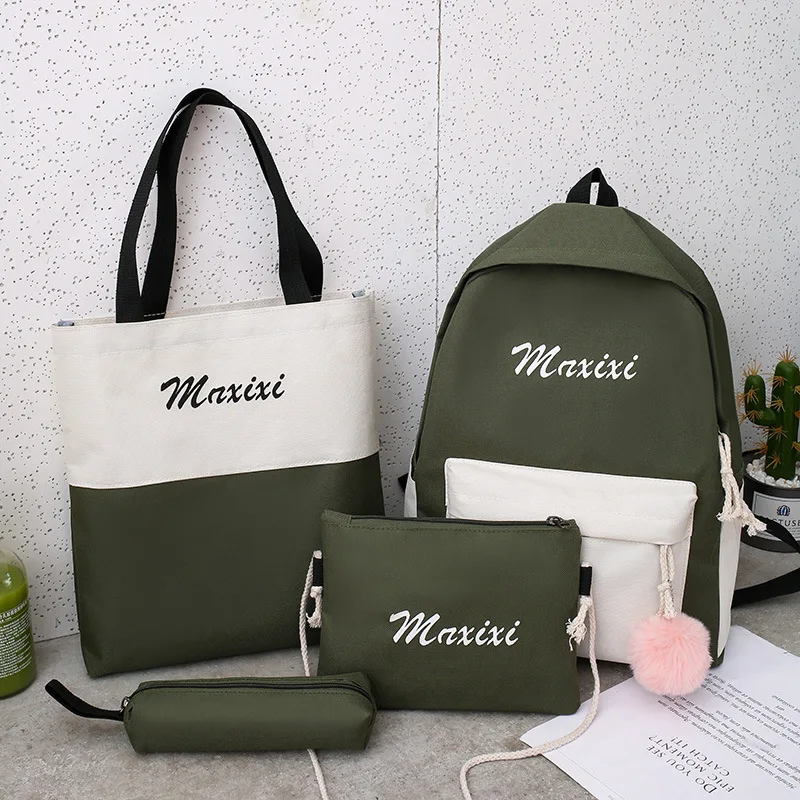 4Pcs/Set Canvas Backpack School Bags for Gilrs Teenagers 2019 Patchwork Rucksack Travel Shoulder Bags+Letter Purse+Pencil Case | Багаж и