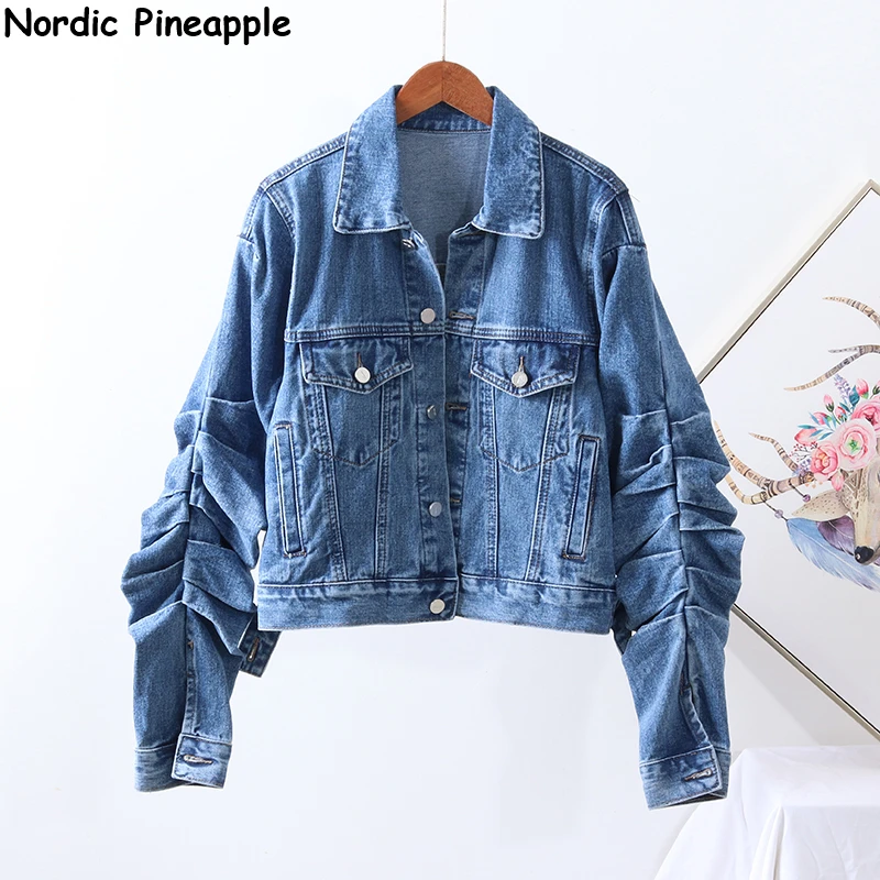 Винтажная свободная короткая джинсовая куртка женская синяя верхняя одежда