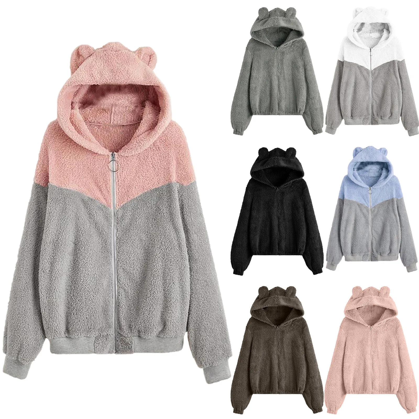 

Winter Women Hoodies Patchwork Fleece Teddy Top Long Sleeve Sweatshirt Warm Bear Ear Hooded Plush Hoodie Pullover Hoody Sudadera