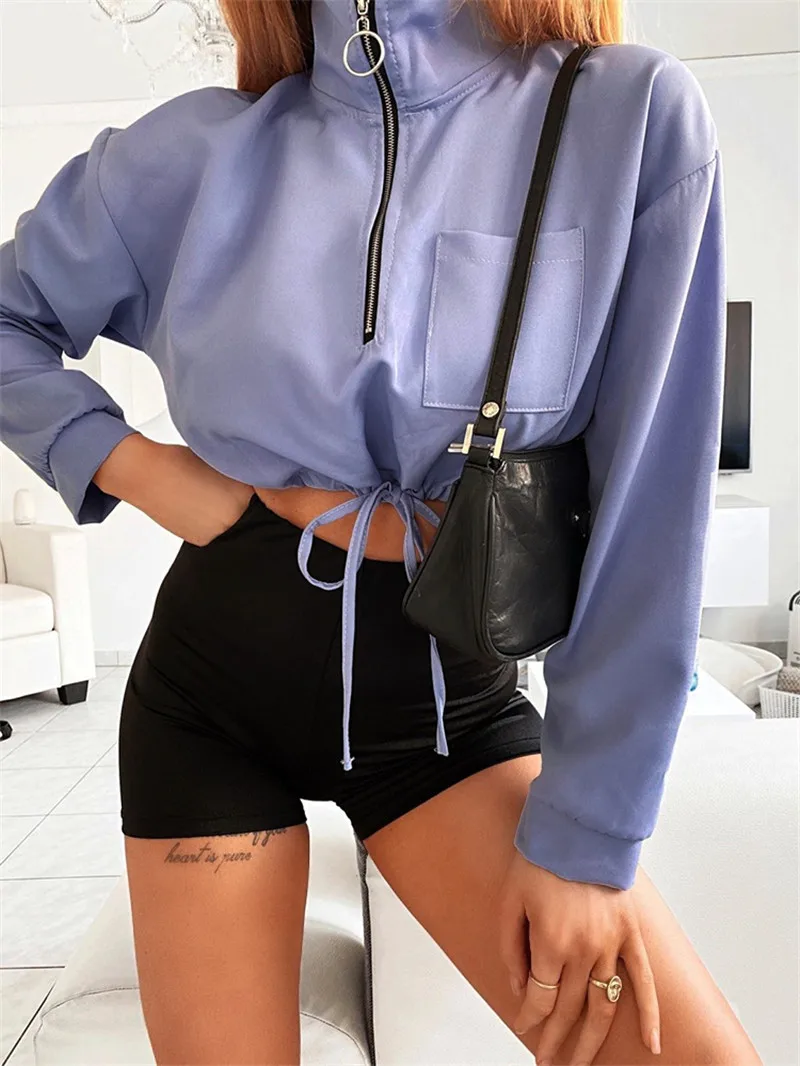 

Женский однотонный кроп-топ на молнии, с длинным рукавом и воротником-стойкой