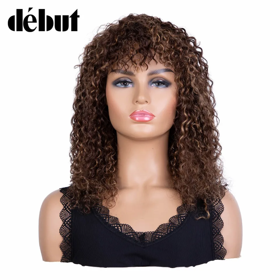 

Debut Curly Human Hair Wig With Bangs Kinky Curly Wigs For Women P4/27 Brazilian Human Hair Wigs Cheap Jerry Curly Glueless Wigs