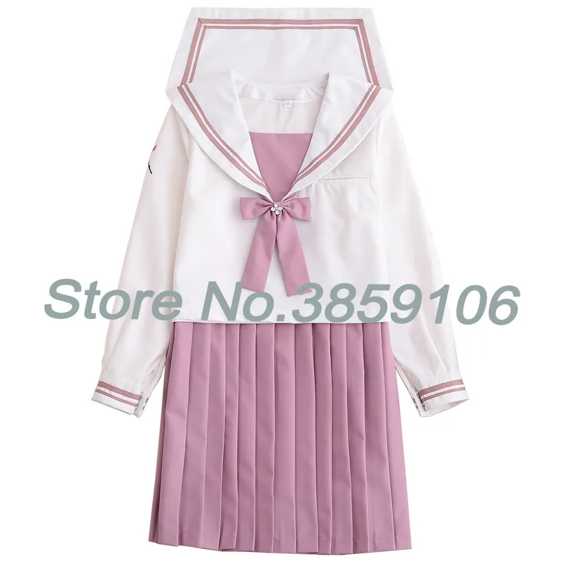 Long Sleeve Set UPHYD розовый цветок вышивка белая рубашка и розовая юбка костюмы студентов Косплей JK школьная форма для девочек Матросская форма наборы - Цвет: Long Sleeve Set