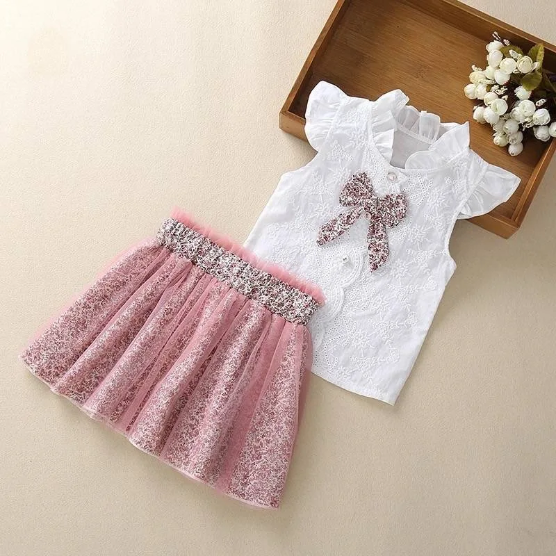 

MERI AMMI 2pcs Oufit Children Girl Clothing Set Floral Lace Tee +Flower Skirts For 2-13 Year Kid