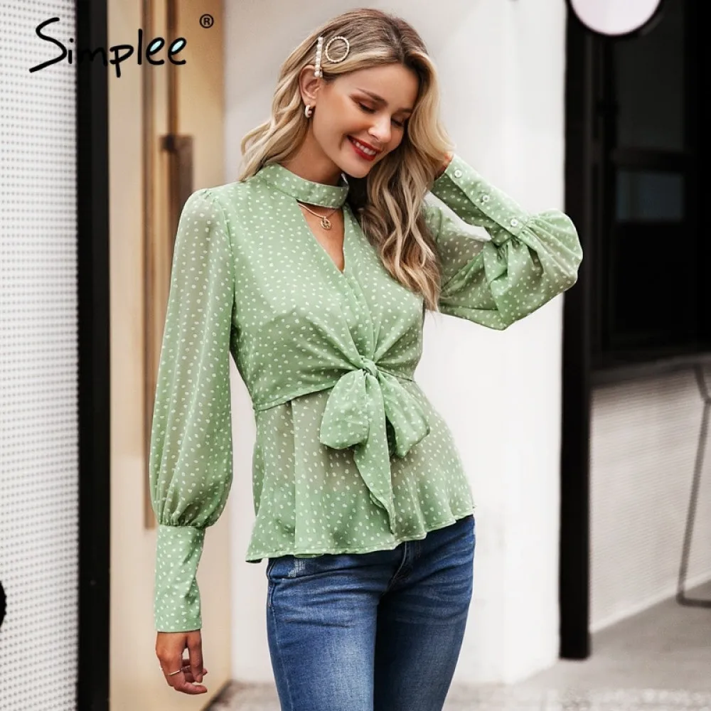 Simplee Vintage dot print v-neck women chiffon blouse shirt Bow tie high waist peplum tops Puff sleeve female | Женская одежда