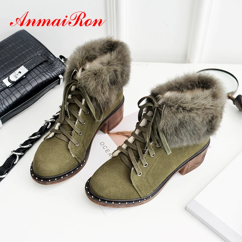 ANMAIRON/зимняя обувь на толстом каблуке кожаные ботинки меху с круглым носком