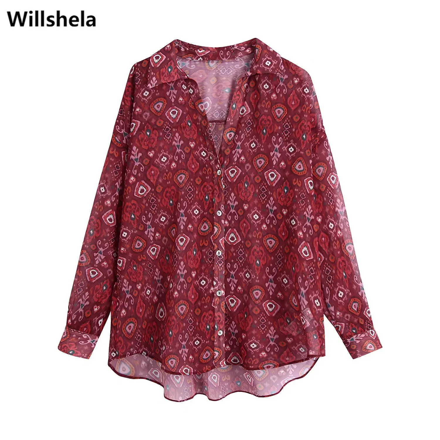 

Willshela Women Fashion Printed Chiffon Blouse Single-breasted Long Sleeves Lapel Collar Vintage Woman Shirts Chic Lady Tops