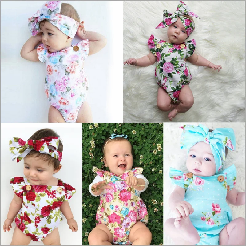 

Toddler Bodysuit Newborn Baby Girl Cute Floral Romper Clothes Jumpsuit Romper+Headband Infantile Outfits Set Costume