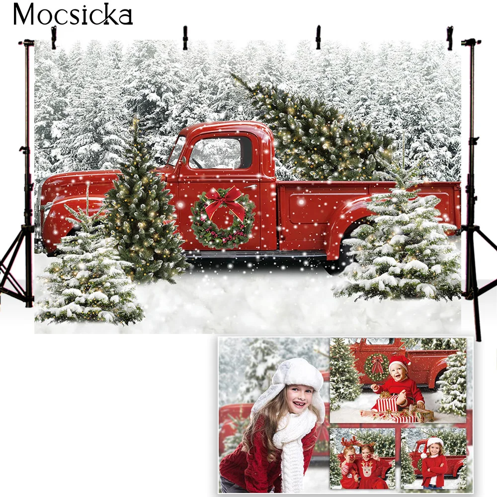Рождественский красный грузовик автомобиль фотография Фон зимний Снежный
