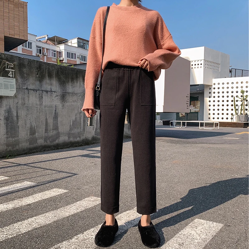 Женские шерстяные шаровары REALEFT повседневные брюки с карманами и высокой талией