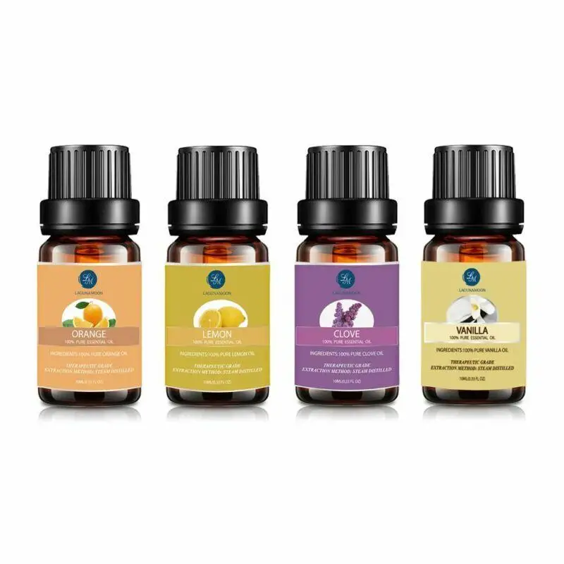 

Lagunamoon 10ML 4Pcs Natural Pure Essential Oil Set Aromatherapy Humidifier Clove Lemon Orange Lemon Ship From US