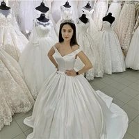 2022 new simple v neck wedding dresses off the shouder lace up back robe de mariee satin ball gown sweep train vestido de noiva