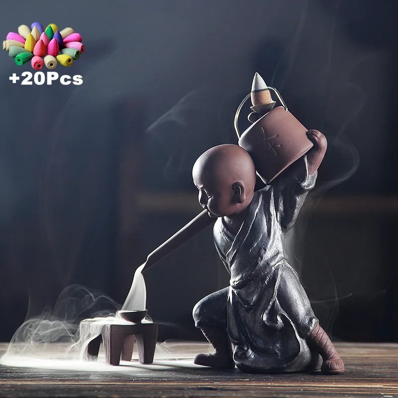 

The Kung Fu Tea Pets Backflow incense burner with 20pcs incense cones Cearmic Monk set Buddha Living room Ornaments Incense Base