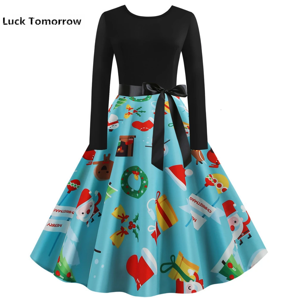 Fashion Women Long Sleeve Christmas Dress 2019 Autumn Winter Elegant Vintage Black Patchwork Print Party Robe Plus Size | Женская одежда