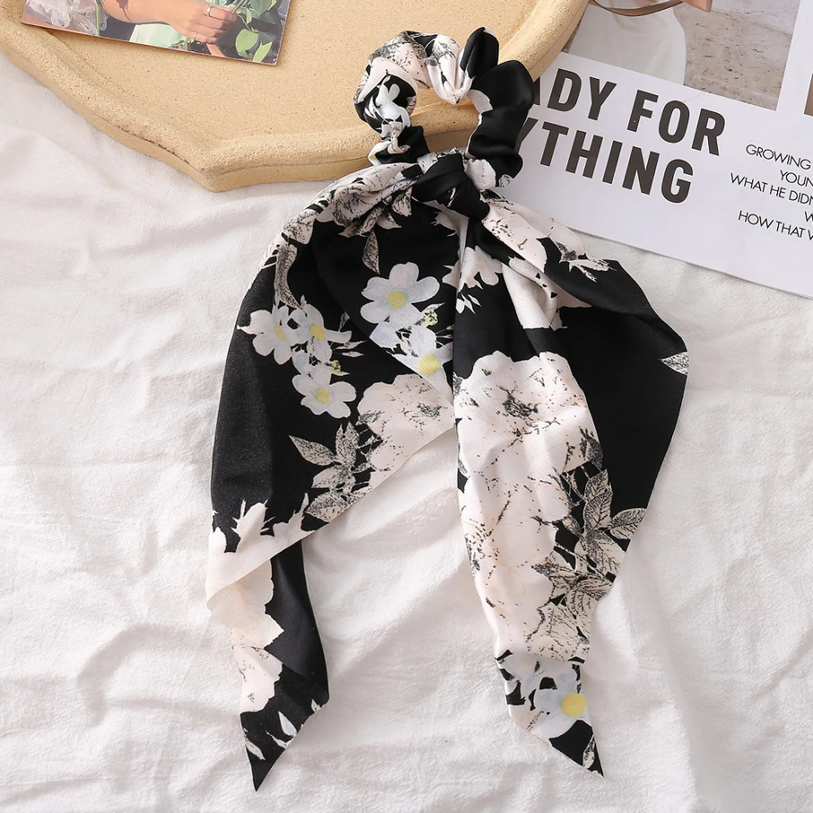 

Vintage Floral Print Bow Hair Tie Long Ribbon Hair Scrunchie For Women Party Elastic Hair Band Scarf Korean Hair Accessories