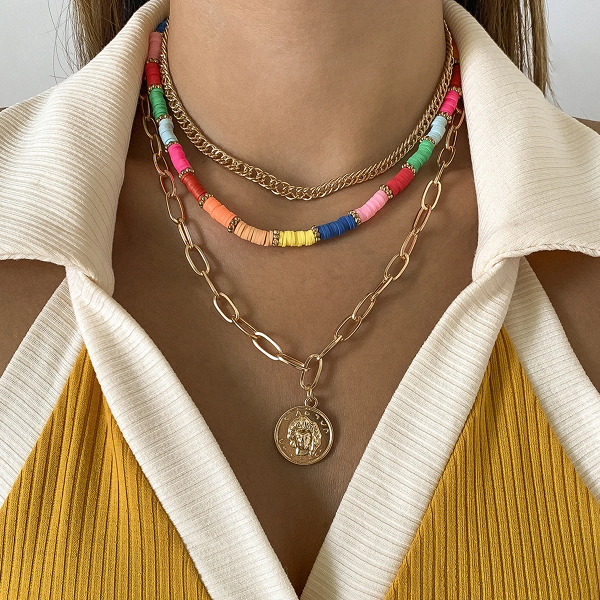 

Lacteo Bohemian Rainbow Colorful Heishi Clay Beads Choker Necklace For Women Fashion Carved Coin Statue Pendant Necklace Jewelry