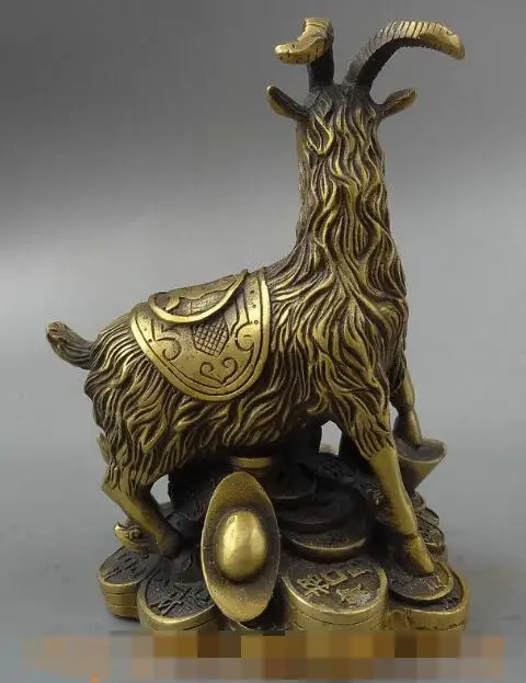 S03334 Chinese Bronze FengShui Wealth Year Zodiac Sheep Goat On Coin YuanBao Statue Set B0403 | Дом и сад