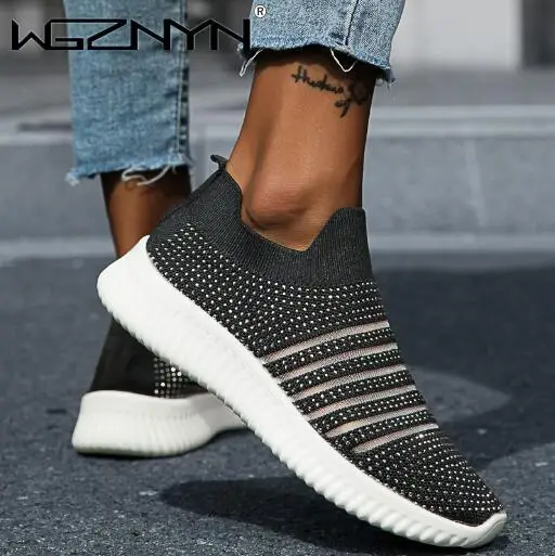 

Summer Women Shoes Breathable Light Tenis Shoes Crystal Outdoor Flat Slip-On Sock Shoes Fashion Women Sneakers Plus Size 35-43