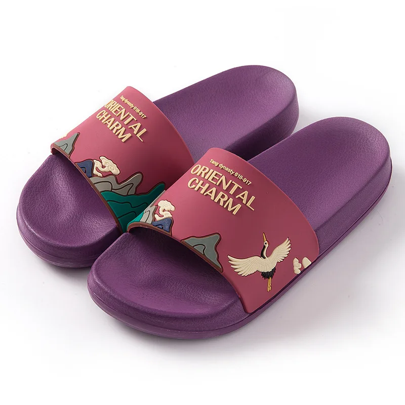 

Chinese Style Crane Painted Women Home Slippers Summer Bathroom Non Slip Ladies Slides Indoor Ladies Slides Flat Couple Shoes