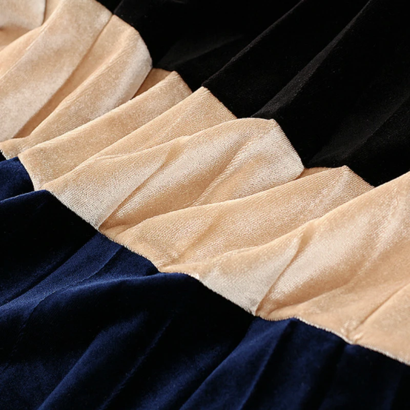 

Autumn Winter Color Block Velvet Long Pleated Skirts Striped Patchwork Pleuche Drape Metallic A-line Maxi Long Skirts