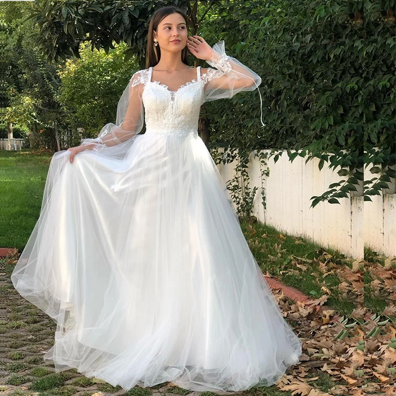 

Элегантное свадебное платье 2020 А-силуэта с открытой спиной с длинным рукавом-фонариком длиной до пола Свадебные платья с вырезом сердечком ...