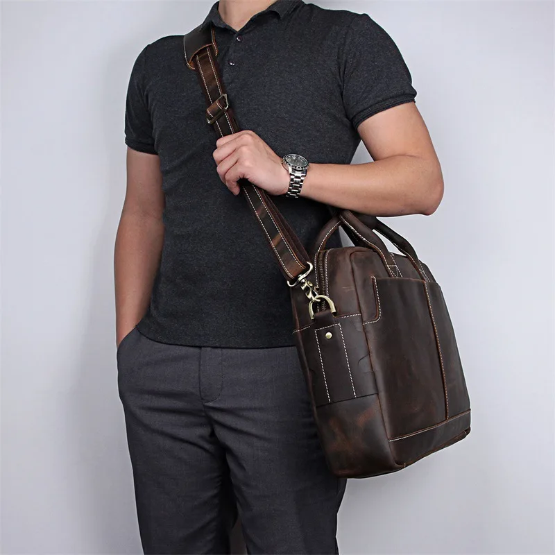 Men's Business Briefcase Male Genuine Leather Handbag for Men Crazy Horse Leather Laptop Shoulder Messenger Bag Crossbody Bag