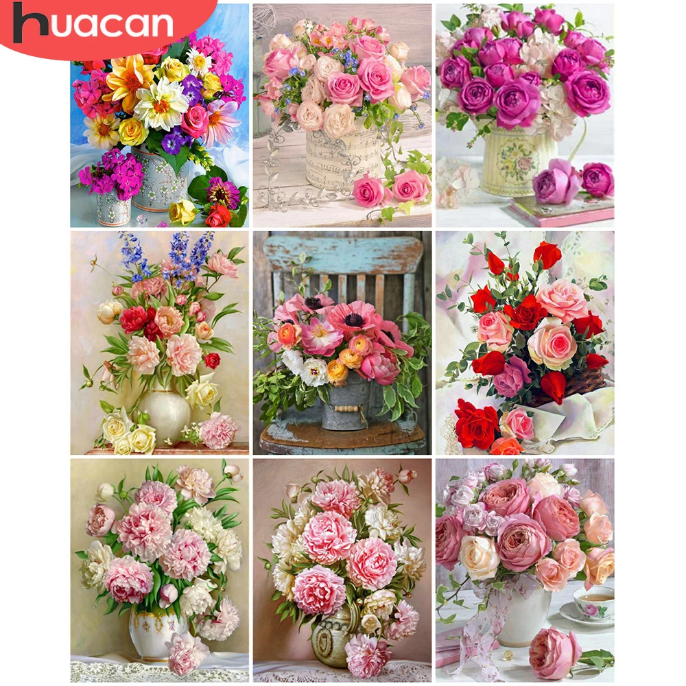 

HUACAN картинки по номерам роза цветок рисунок на холсте Ручная роспись искусство подарок Раскраска по номерам ваза комплекты, украшение для д...