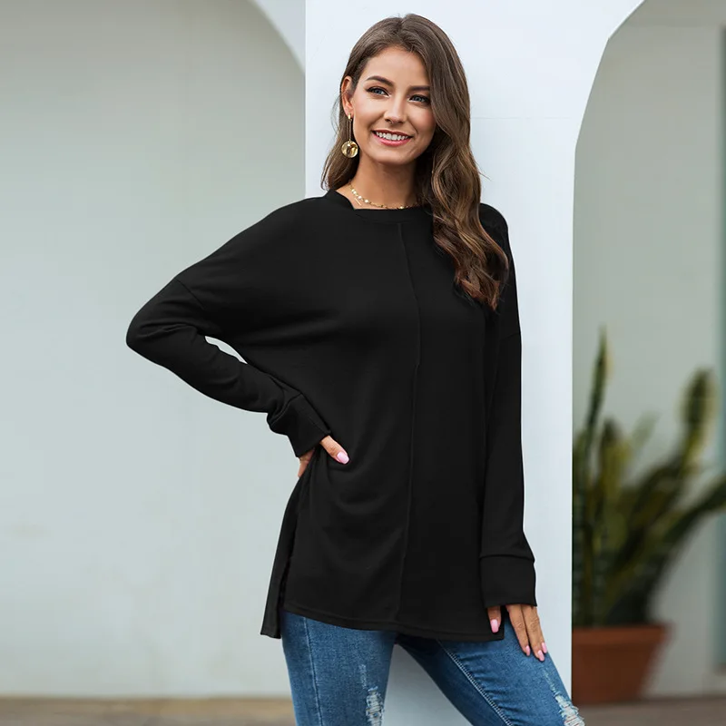 

2021 European and American Women's Fashion New Popular Round Neck Solid Color Leisure Splicing Long Sleeve T-shirt 1603 Blouse