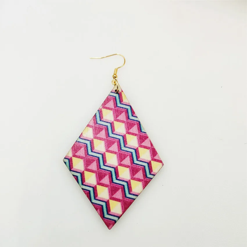 

12 Pair/lot Long Wooden Printing Flower Both Side Same Color Drop Earrings Cute Party Decoration Jewelry For Women Girls Gifts