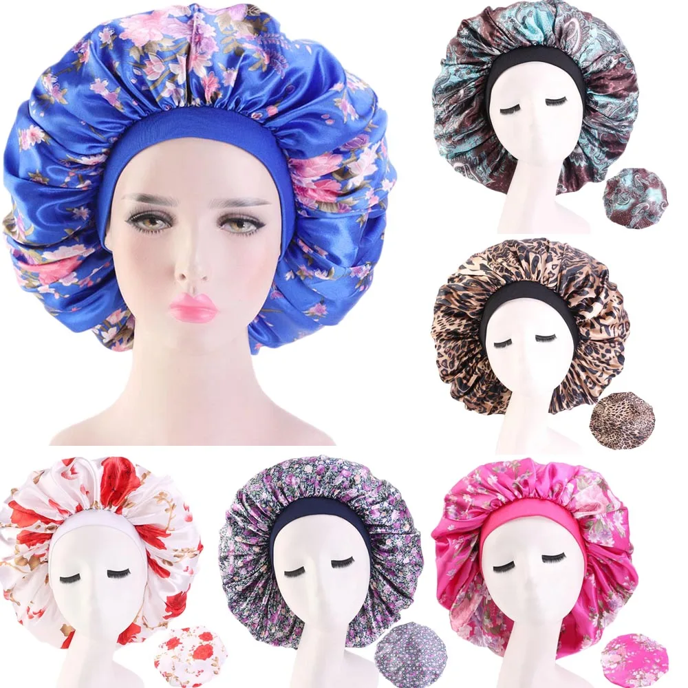 

Extra Large Print Satin Bonnet Night Sleep Cap Muslim Chemo Cap Elastic Wide Band For Women Head Wrap Beanies Skullies Turban