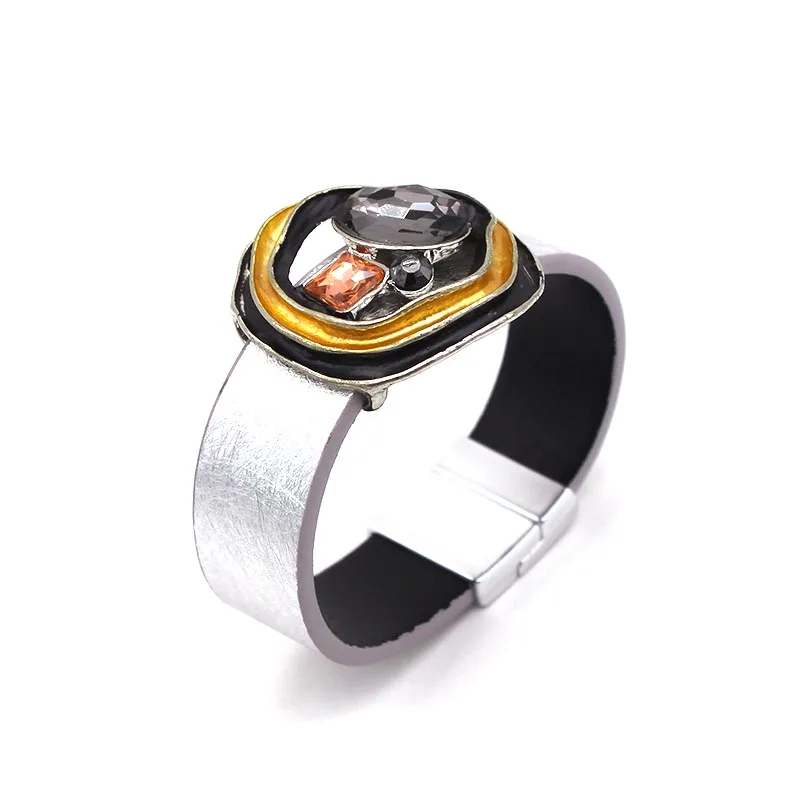 D & широкий кожи с украшениями в виде кристаллов Кожаные браслеты из нержавеющей