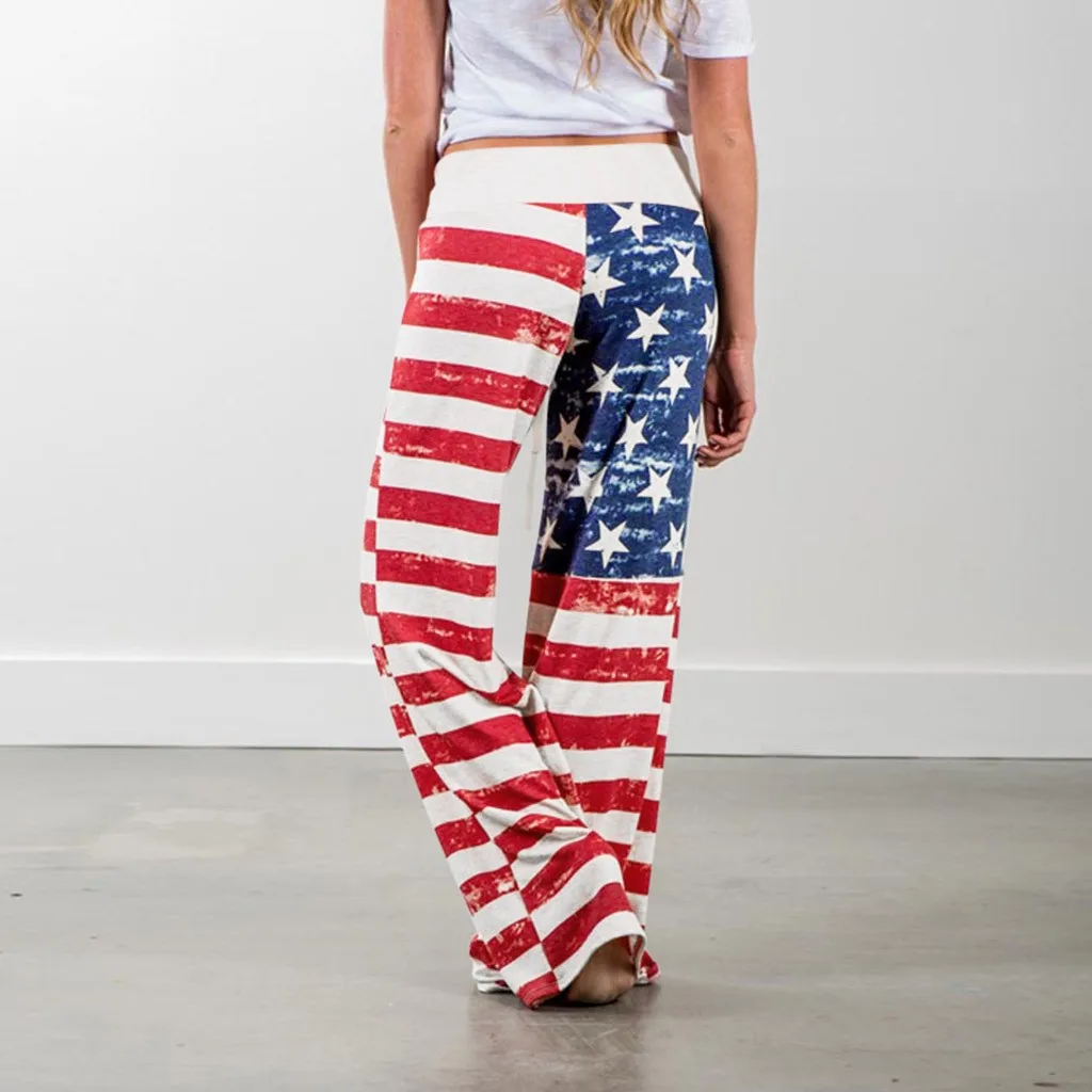 Женские брюки с цветочным принтом изображением американского флага шнурок