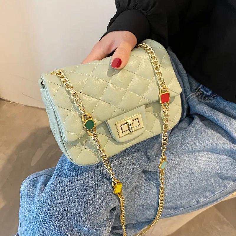 

Women Small Flap Crossbody Bag Luxury Pu Leather Shoulder Bag 2021 New Rhombus Lattice Handbags Ladies Metal Chain Messenger Bag