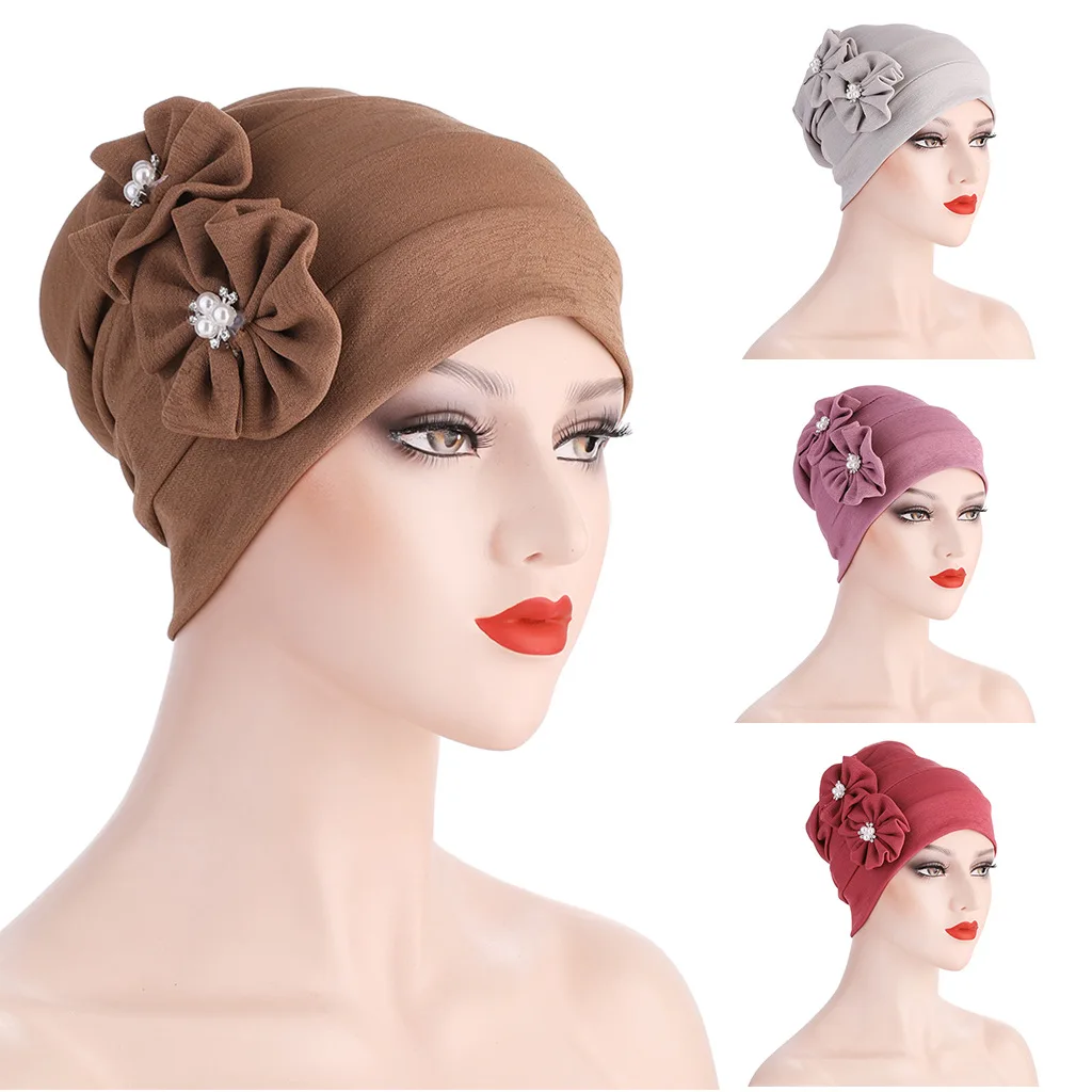 

2022 Scarf for muslim women Womens Hats Pearl Flower Turban Prile Bonnets For Designer Hijab hat Fast Free Shipping
