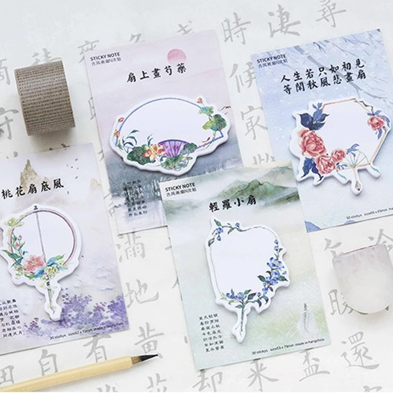 

1pack /lot Antique Painting Fan Series Kawaii Cute Sticky Notes Memo Pad Diary Stationery