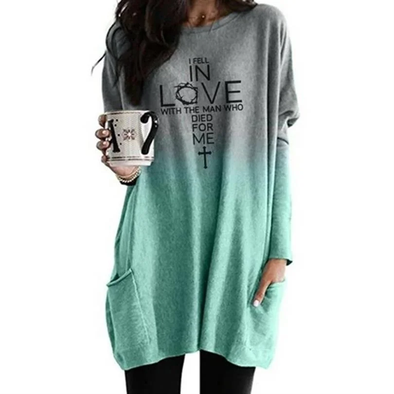 

New Fashion T-Shirt For Women I Fell In Love With The Man Cross Letters Print T-Shirt Pullovers Women Graphic Long Sleeve Tees